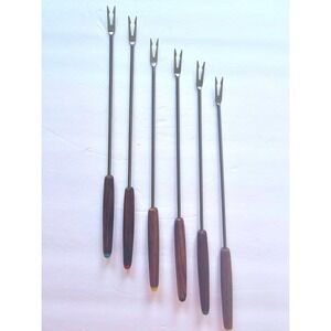 Vintage Fondue Forks Wood Stainless‎ Steel Japan Colored Tips Set of 6 Retro
